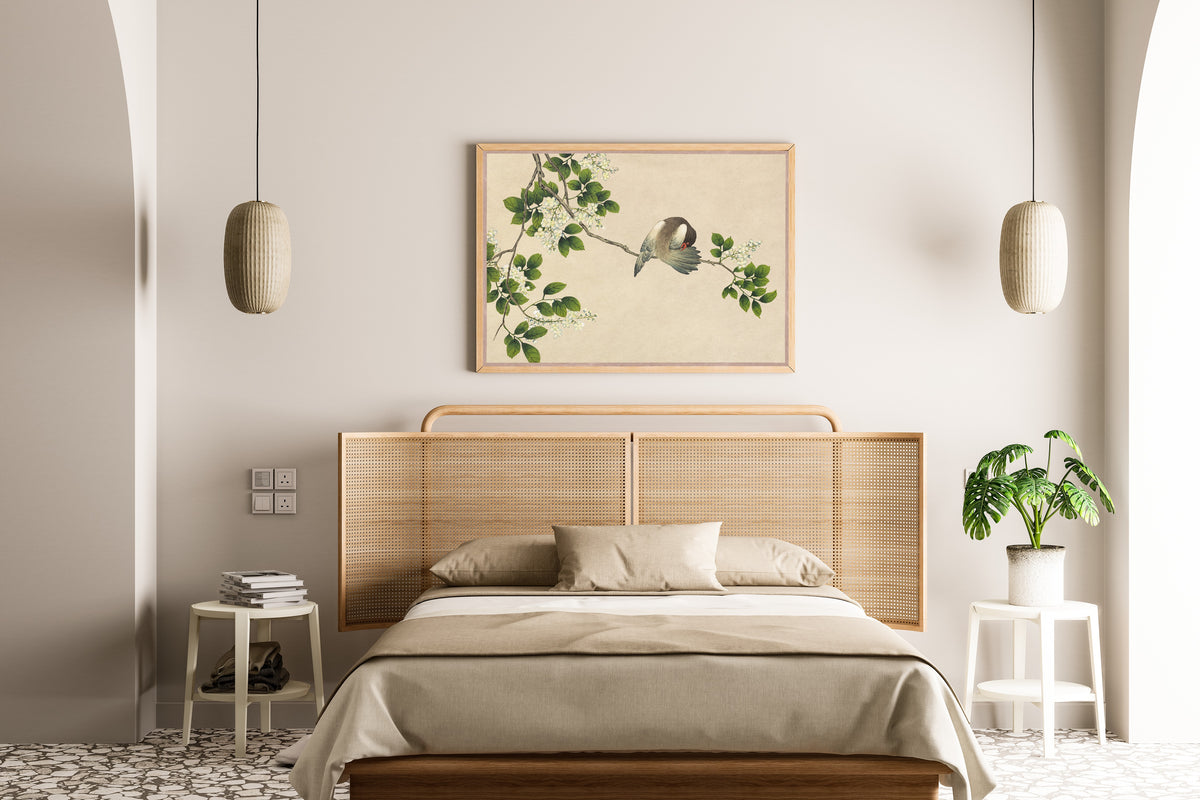 Desk Album: Flower and Bird Paintings (Preening Bird) by Zhang Ruoai — framed above a cane-headboard bed