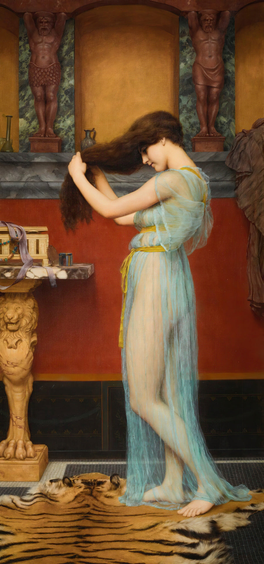 John William Godward — Preparing for the Bath | Art Print shown to scale on a wall above a sofa