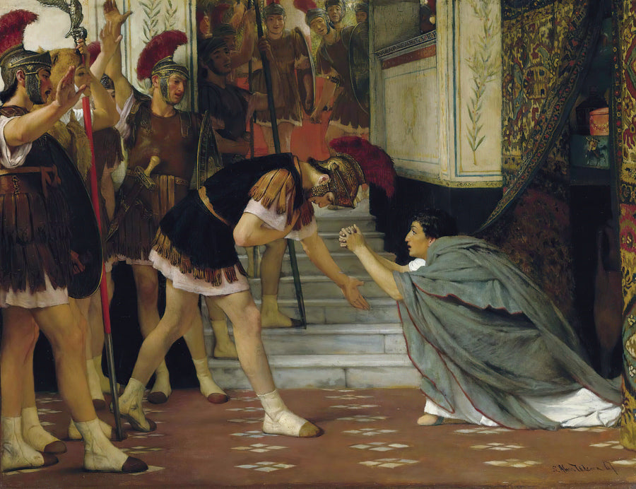Lawrence Alma-Tadema — Proclaiming Claudius Emperor | Art Print shown to scale on a wall above a sofa
