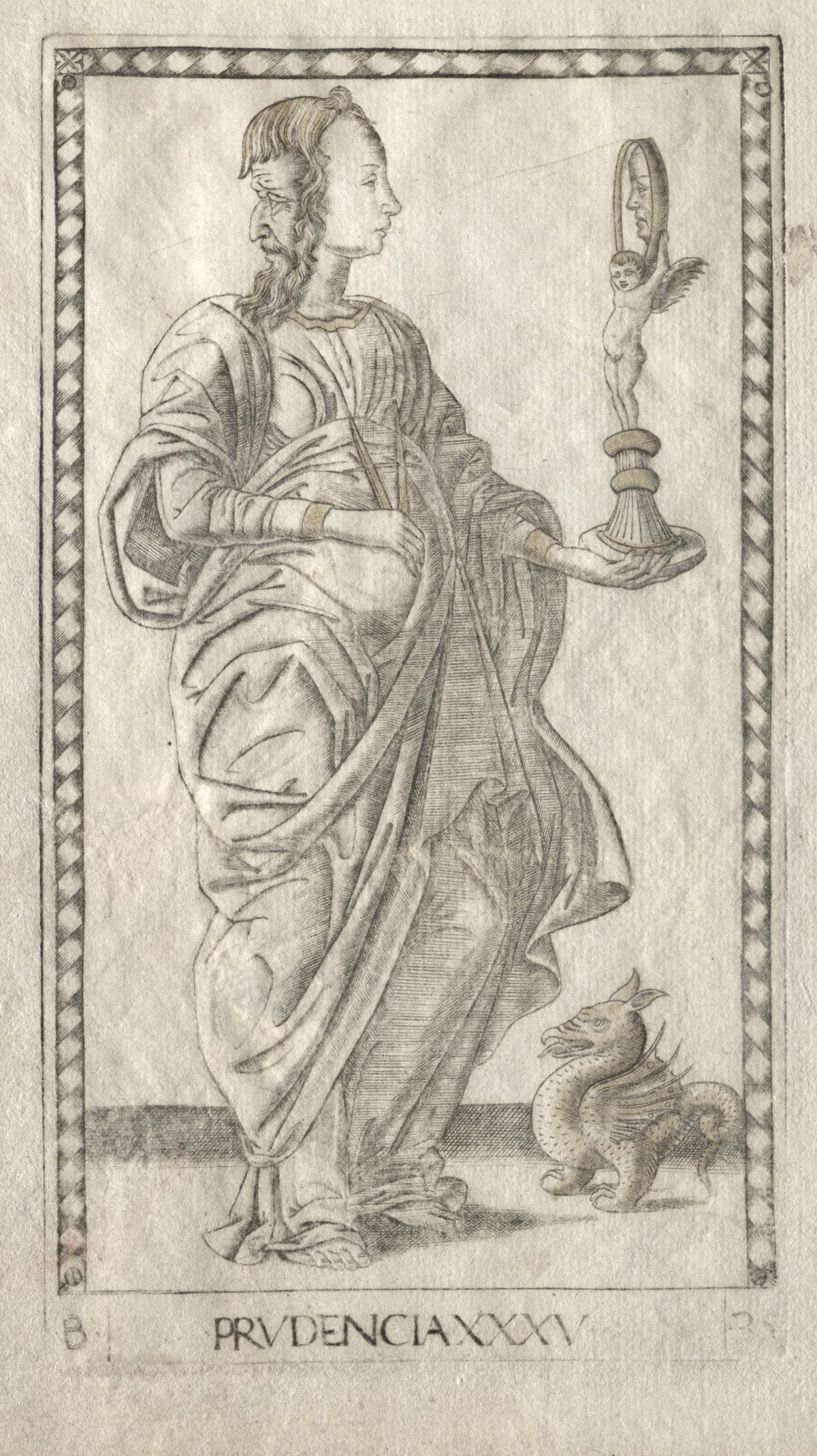 Prudence (from the Tarocchi, Series B: Cosmic Principles & Virtues, no. 35) by Master of the E-Series Tarocchi — Two-faced Prudence studies her mirror while a