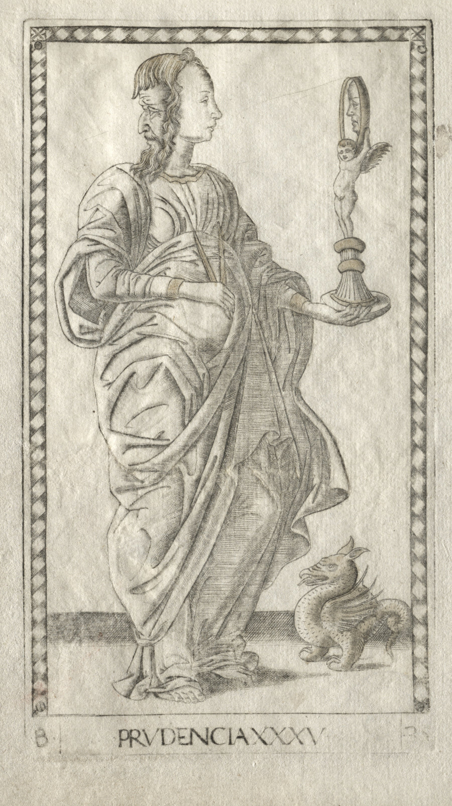 Master of the E-Series Tarocchi — Prudence (from the Tarocchi, Series B: Cosmic Principles & Virtues, no. 35) | Esoteric Art Print shown to scale on a wall above a sofa