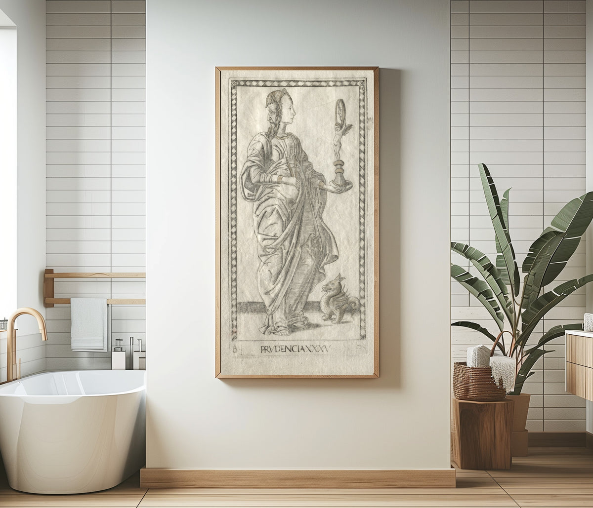 Framed art print of Prudence (from the Tarocchi, Series B: Cosmic Principles &… by Master of the E-Series Tarocchi, in a bathroom beside a freestanding tub