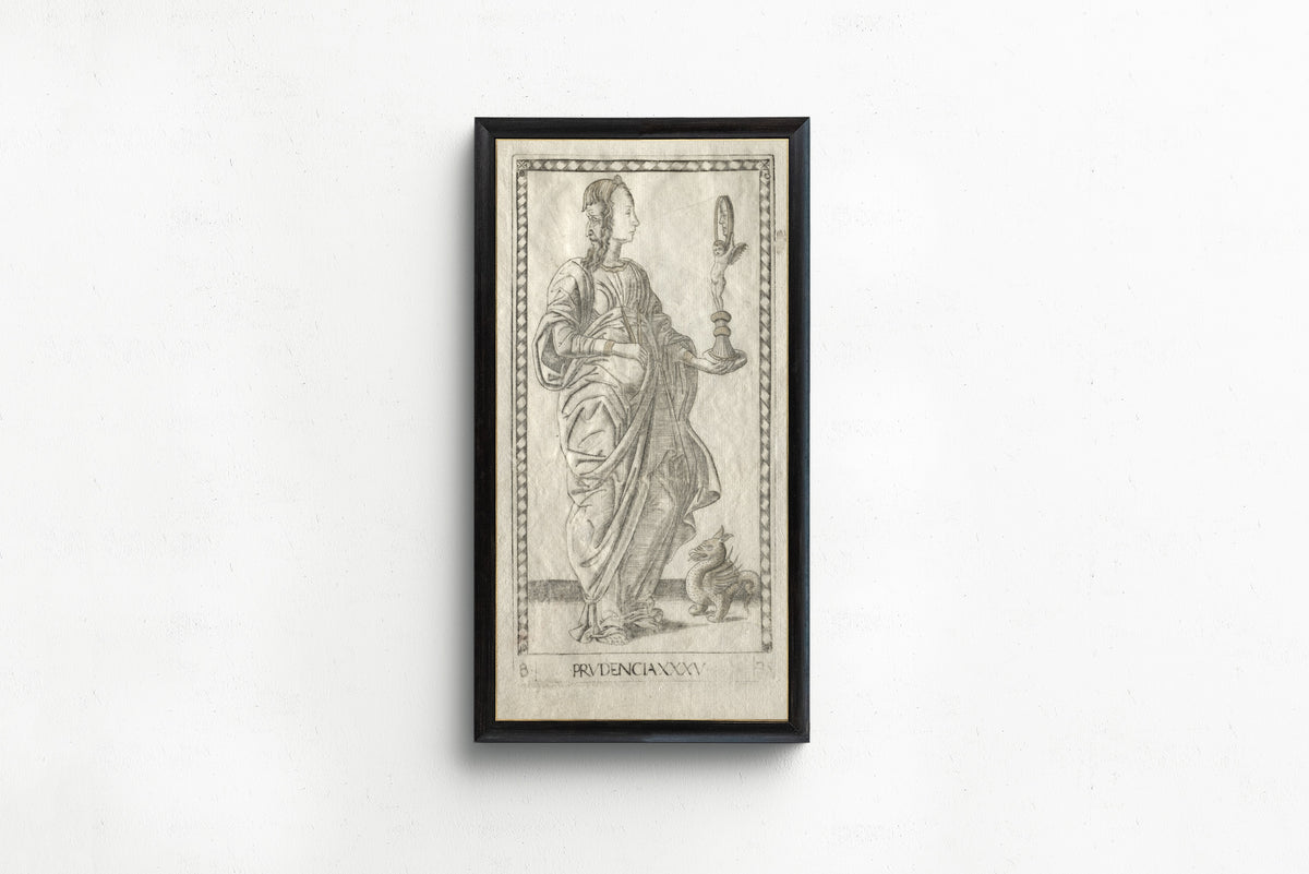 Framed art print of Prudence (from the Tarocchi, Series B: Cosmic Principles &… by Master of the E-Series Tarocchi, in a slim black frame on a plain white wall