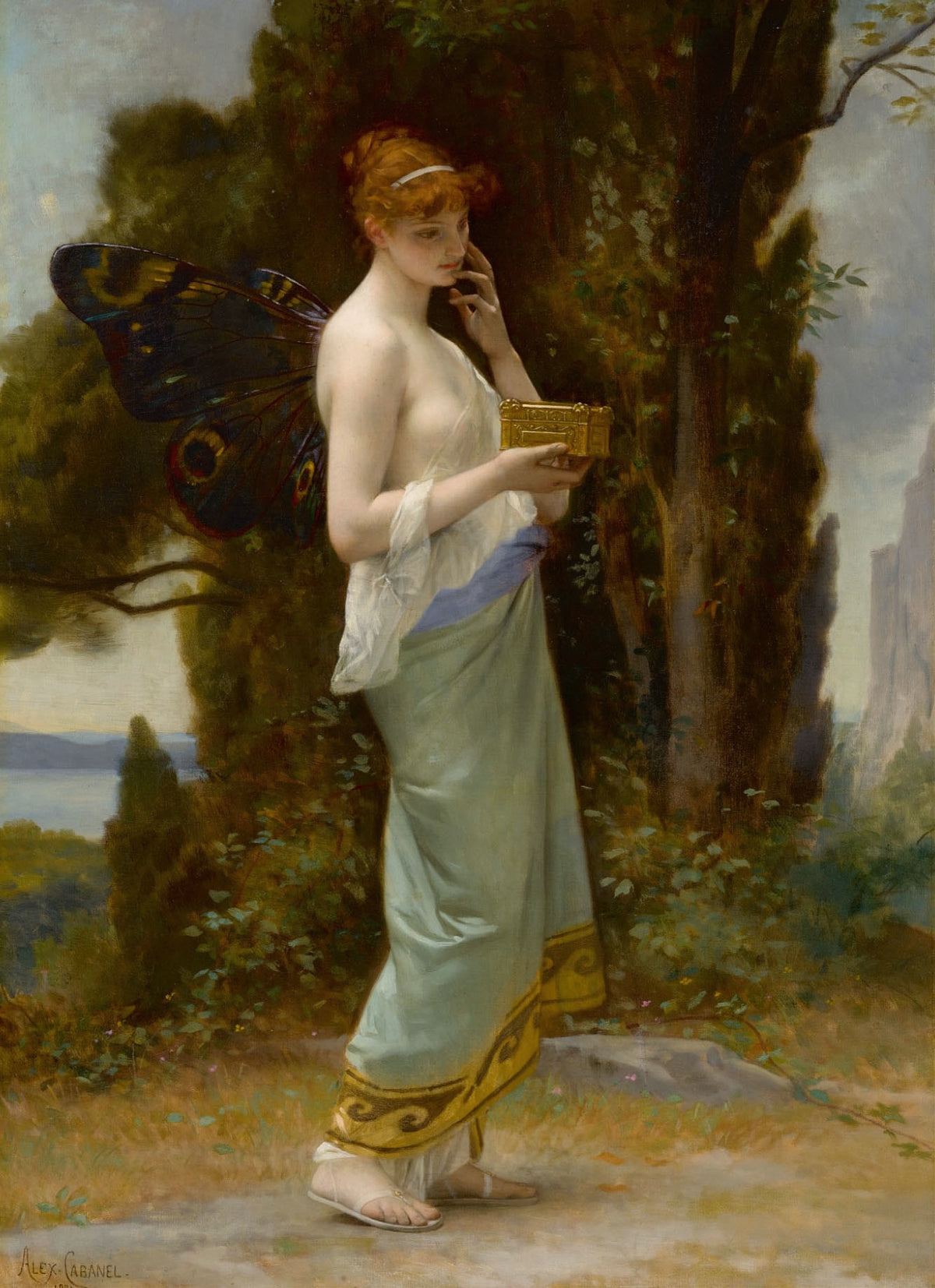 Psyché by Alexandre Cabanel — Psyche with butterfly wings holds a small gold casket among cypresses