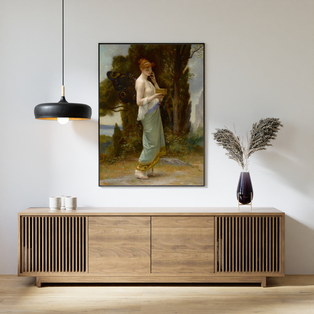 Framed art print of Psyché by Alexandre Cabanel, above a slatted wood sideboard