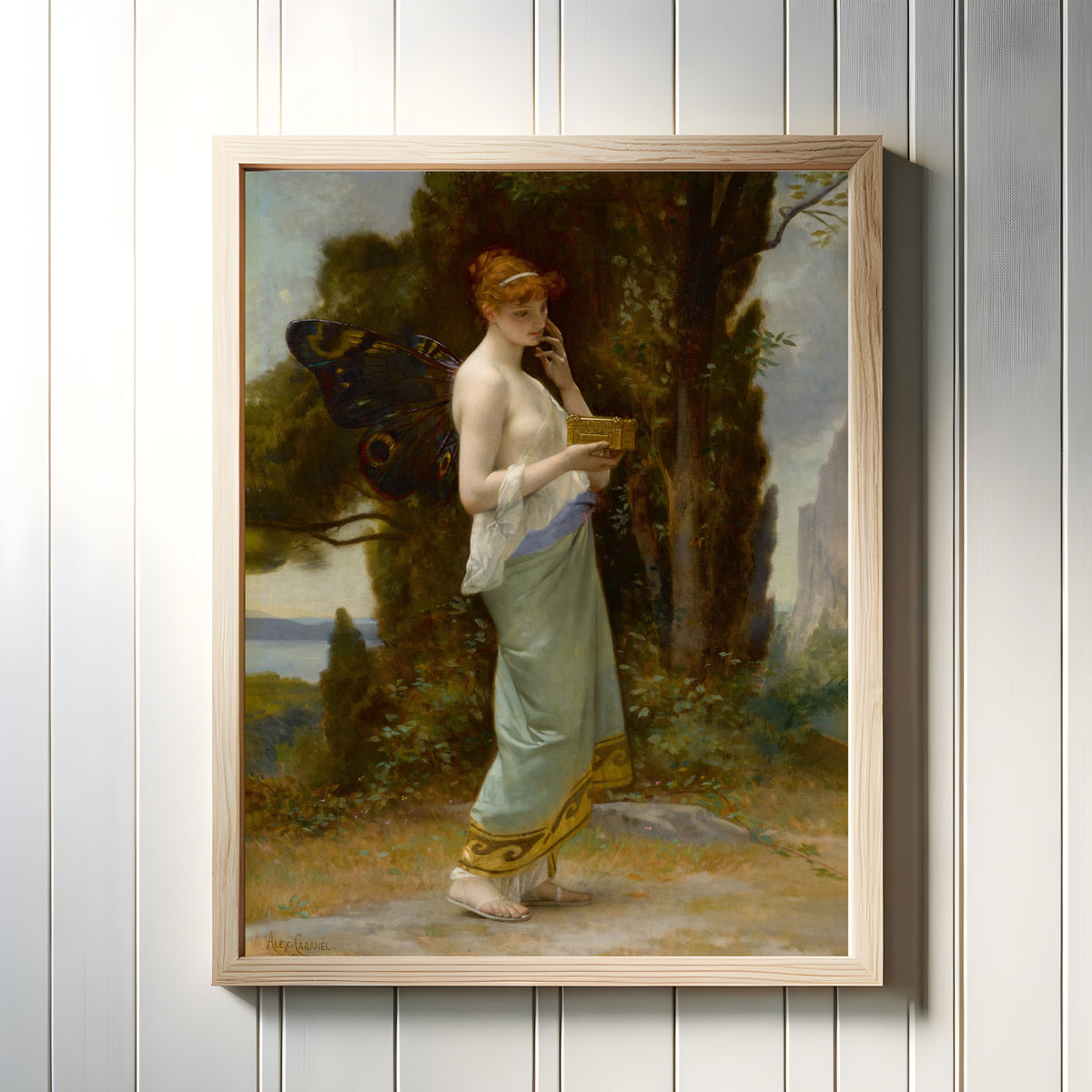 Framed art print of Psyché by Alexandre Cabanel, in a light wood frame on a white panelled wall