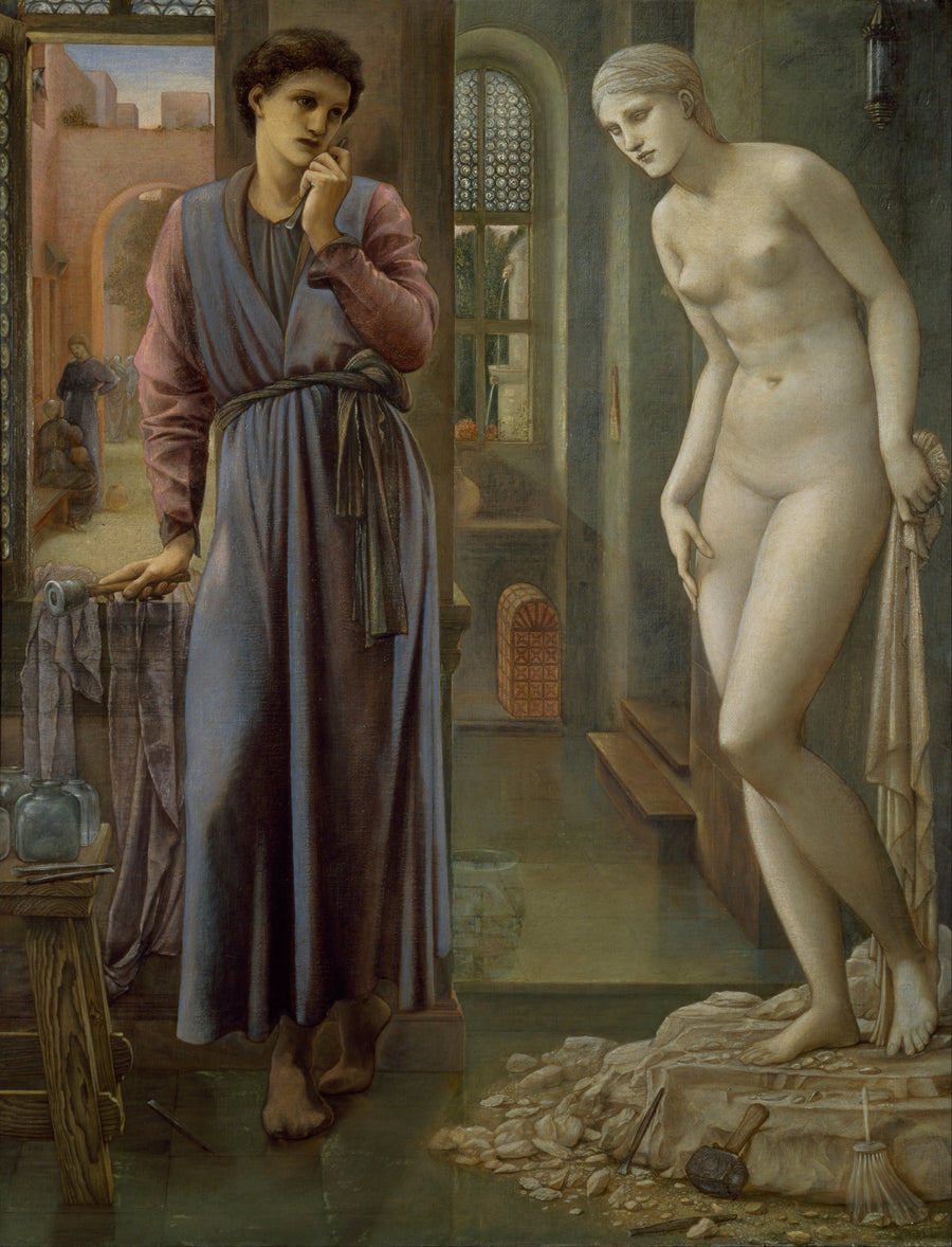 Edward Burne-Jones — Pygmalion and the Image - The Hand Refrains | Pre-Raphaelite Art Print shown to scale on a wall above a sofa