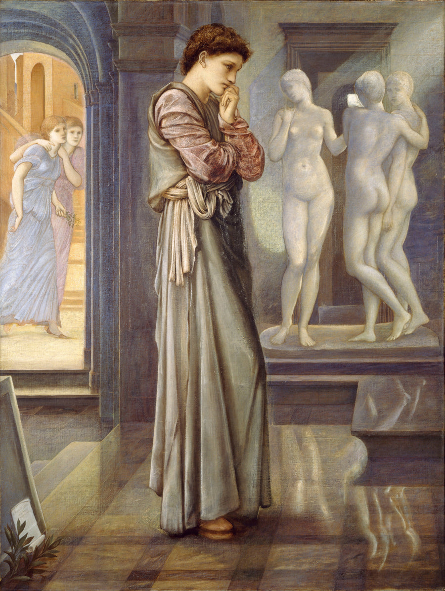 Edward Burne-Jones — Pygmalion and the Image: The Heart Desires | Pre-Raphaelite Art Print shown to scale on a wall above a sofa