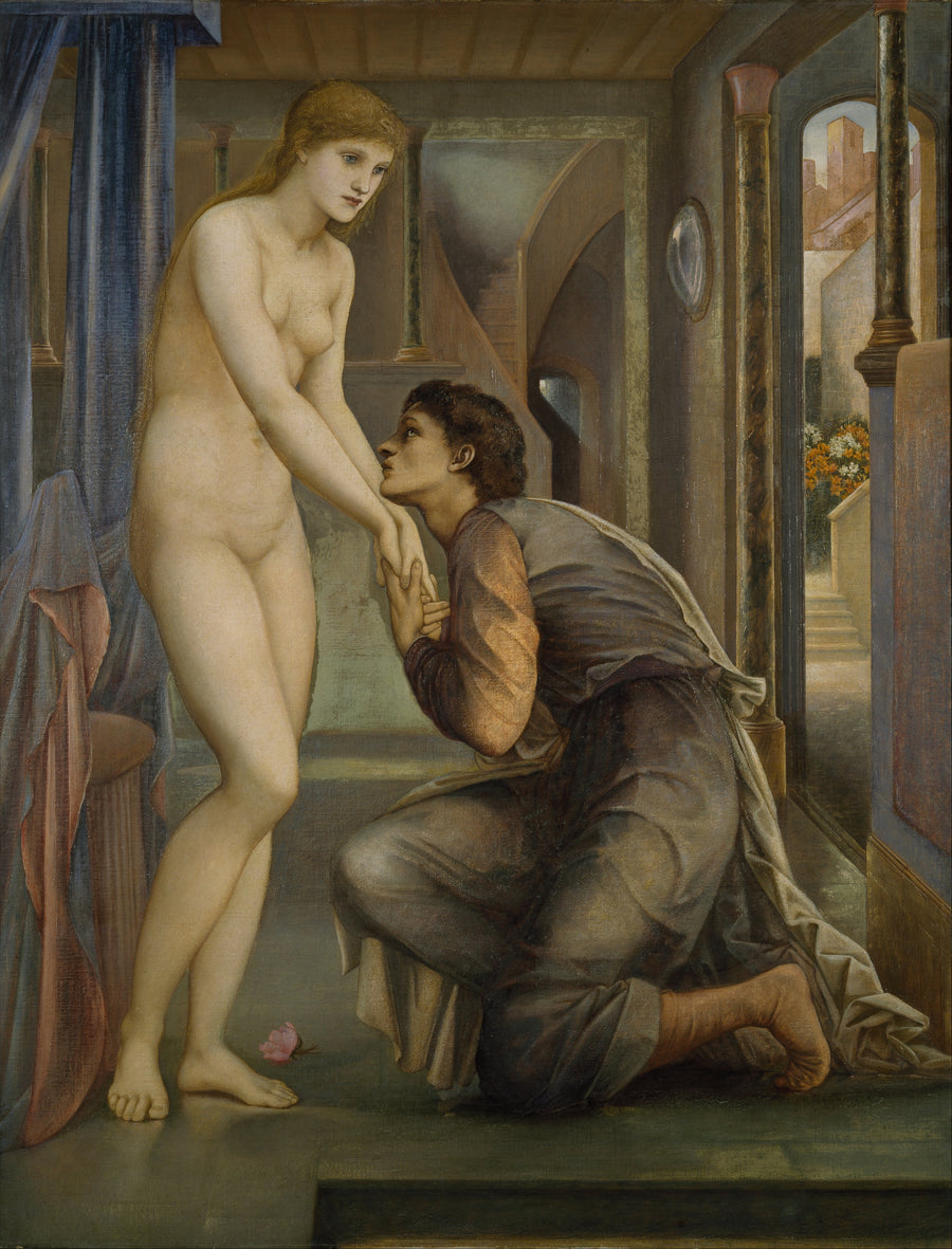 Edward Burne-Jones — Pygmalion and the Image: The Soul Attains | Pre-Raphaelite Art Print shown to scale on a wall above a sofa