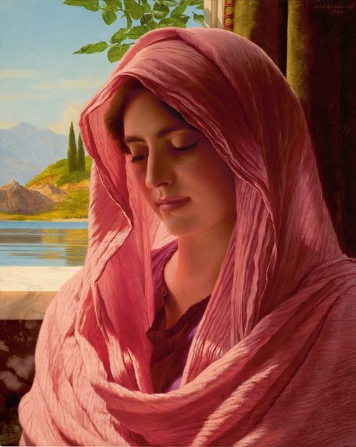 Pyrallis by John William Godward — A woman veiled in rose-pink lowers her eyes by a window to a lake