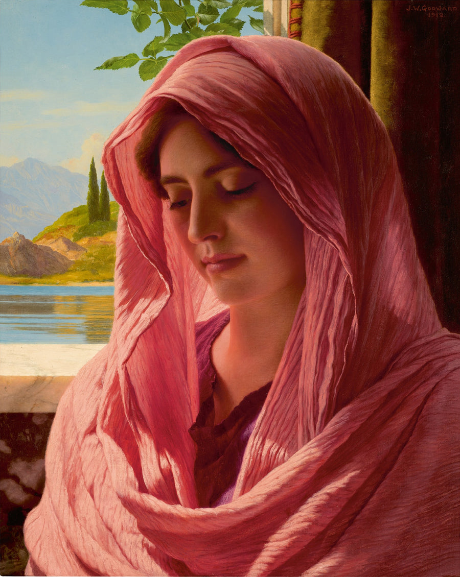 John William Godward — Pyrallis | Art Print shown to scale on a wall above a sofa