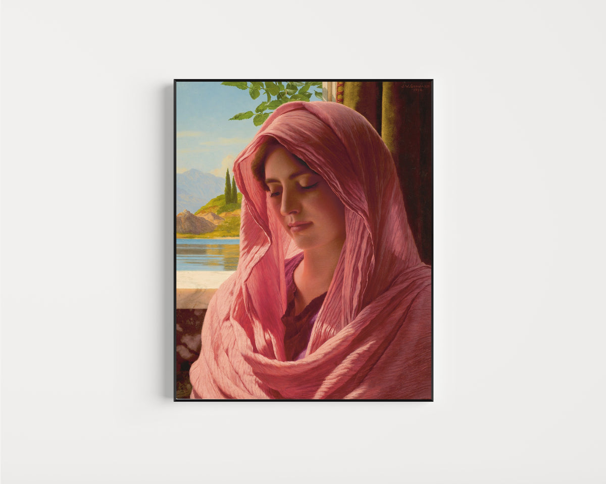 Framed art print of Pyrallis by John William Godward, in a slim black frame on a plain white wall