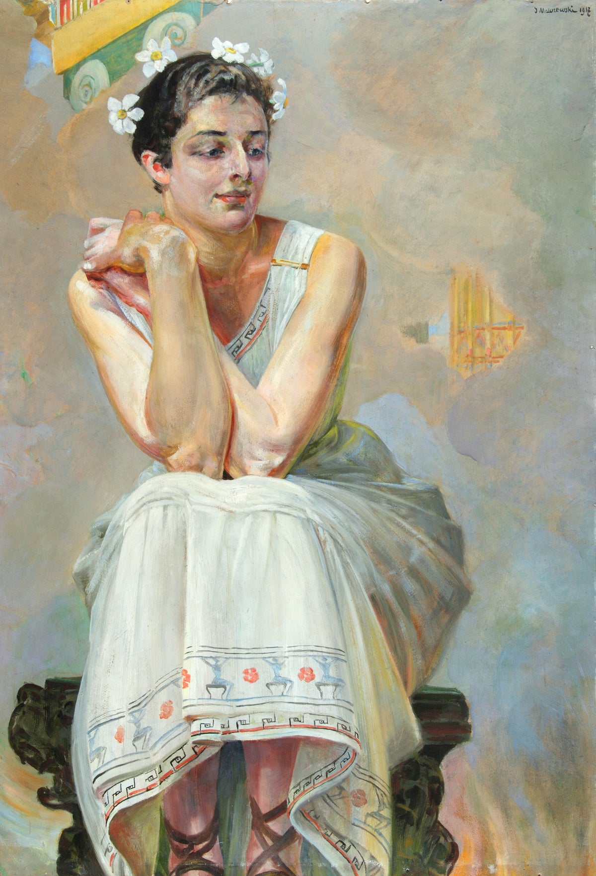Pythia by Jacek Malczewski — The oracle sits lost in thought, white flowers in her hair