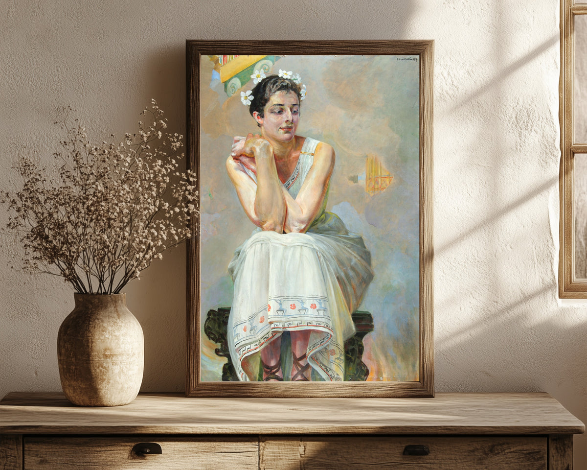 Framed art print of Pythia by Jacek Malczewski, in a dark wood frame leaning on a rustic console beside dried flowers