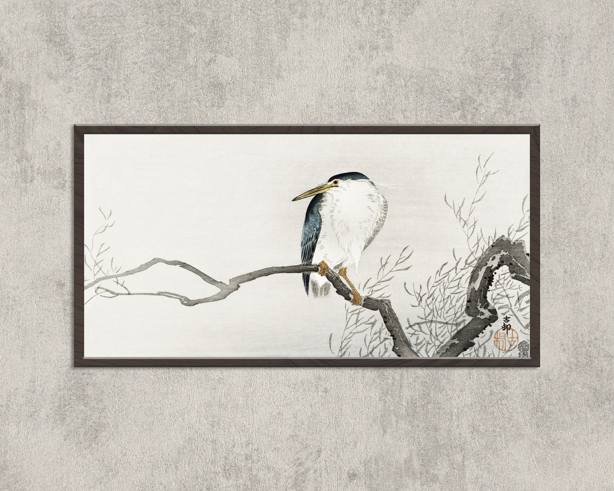 Night Heron on a Gnarled Branch by Ohara Koson — in a wide black frame on a concrete wall