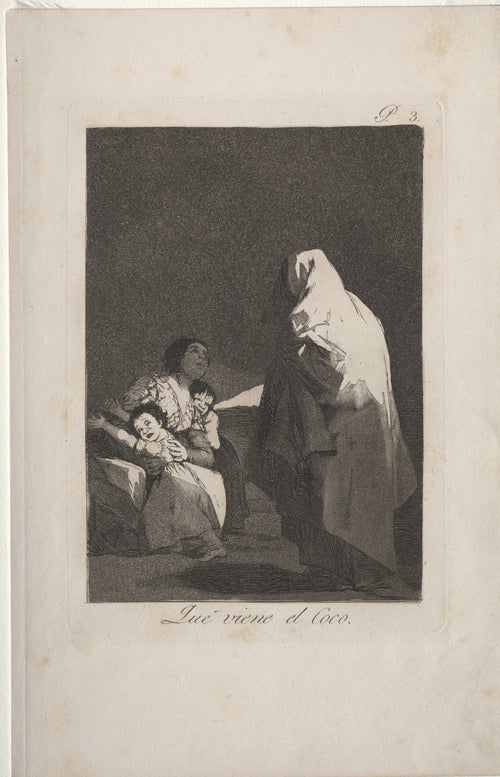 Que viene el Coco (Here Comes the Bogeyman), Los Caprichos, Plate 3 by Francisco de Goya — A shrouded figure looms over a woman and two terrified children