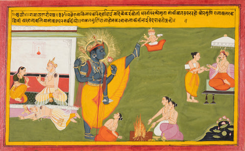 Queen Kaikeyi Reminds King Dasharatha about the Sacrifices of King Bali and King Shivi by Mewar school — A blue four-armed figure raises a foot as water is