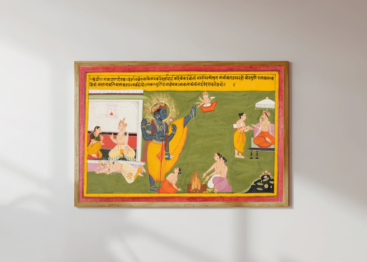 Framed art print of Queen Kaikeyi Reminds King Dasharatha about the Sacrifices of King Bali and… by Mewar school, in a light wood frame on a sunlit white wall