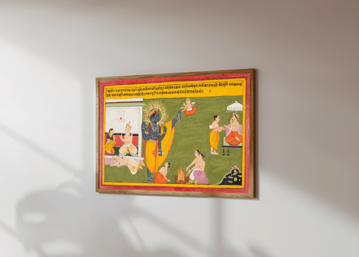 Framed art print of Queen Kaikeyi Reminds King Dasharatha about the… by Mewar school, in a light wood frame on a sunlit white wall, seen at a slight angle