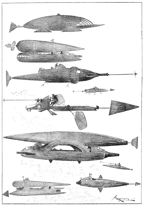 Quelques échantillons de la flotte aérienne by Albert Robida — Nine imagined airships of every shape glide across a pale sky