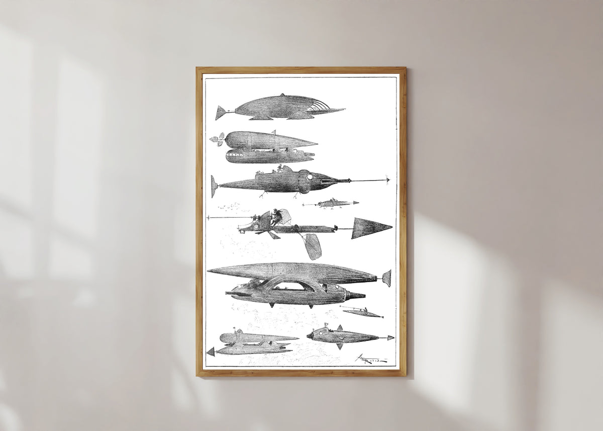 Framed art print of Quelques échantillons de la flotte aérienne by Albert Robida, in a light wood frame on a sunlit white wall