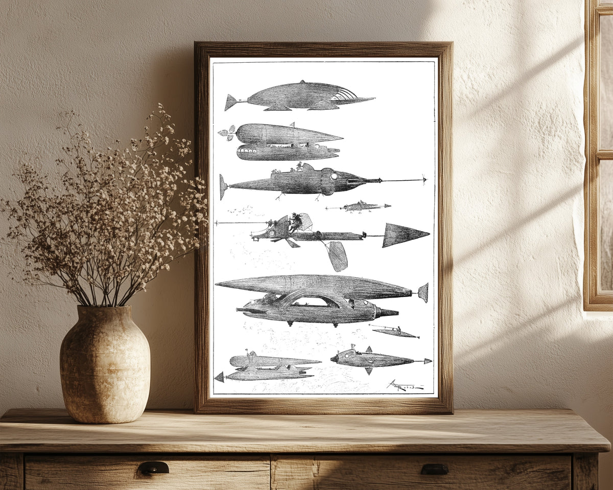 Framed art print of Quelques échantillons de la flotte aérienne by Albert Robida, in a dark wood frame leaning on a rustic console beside dried flowers