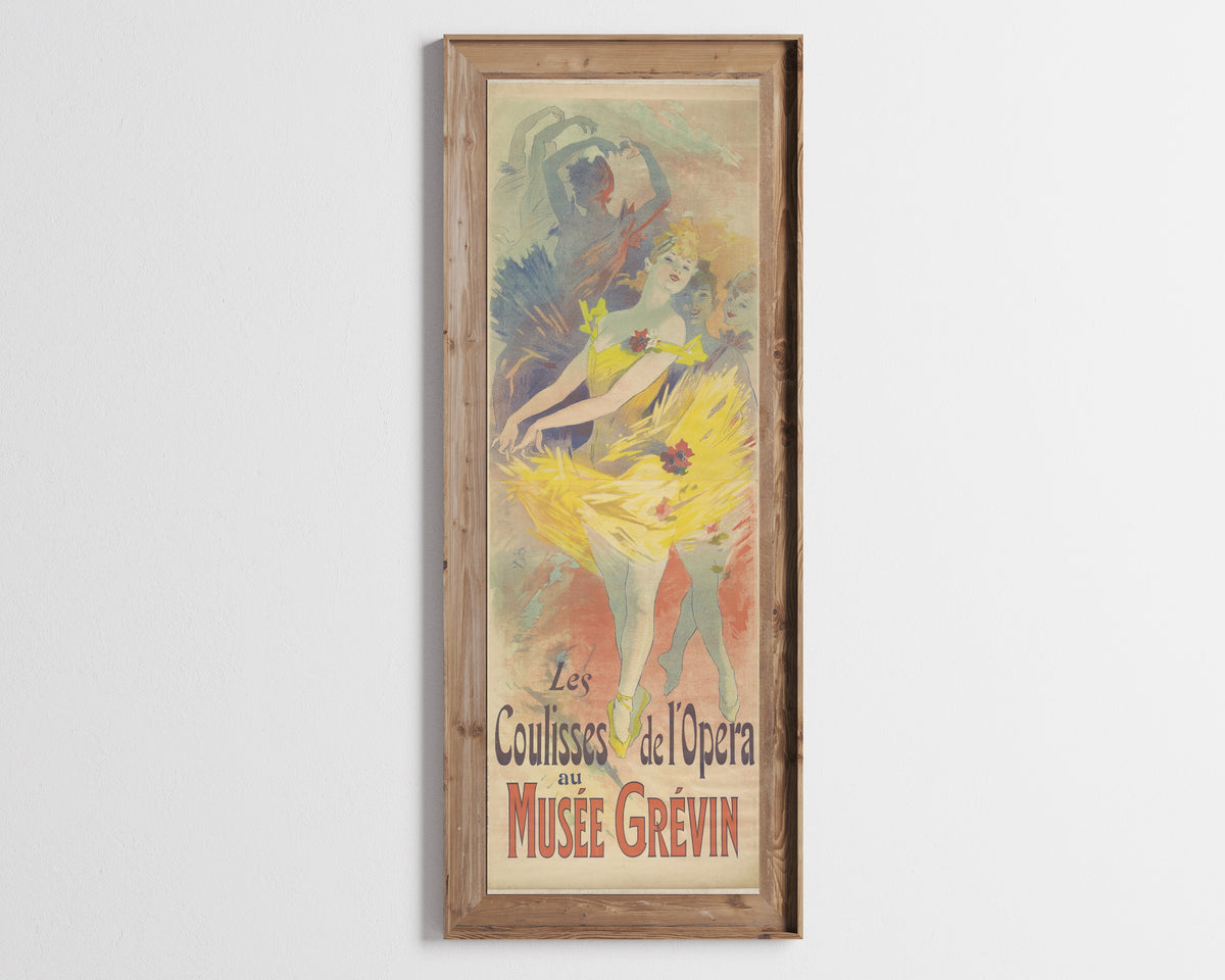 Coulisses de l'opéra au Musée Grévin by Jules Chéret — in a tall wooden frame on a pale wall