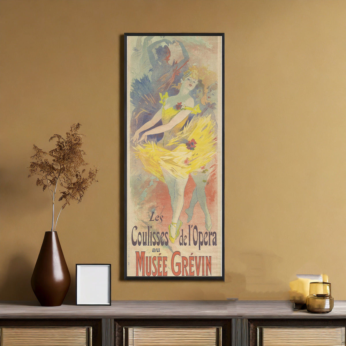 Coulisses de l'opéra au Musée Grévin by Jules Chéret — framed on an ochre wall above a console table