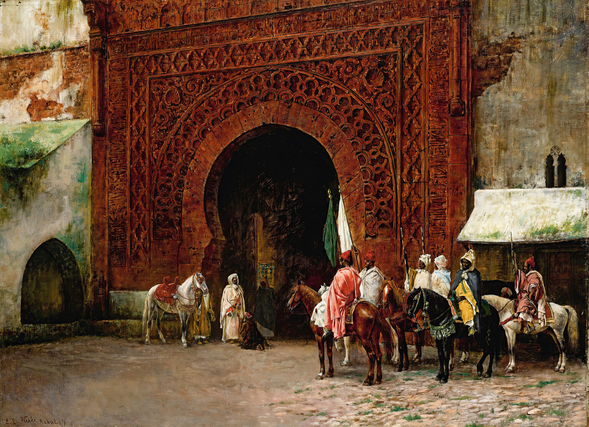 Rabat (The Red Gate) by Edwin Lord Weeks — Horsemen with banners gather under a carved red gate in Rabat