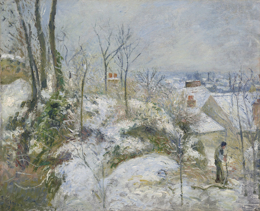 Camille Pissarro — Rabbit Warren at Pontoise, Snow | Fine Art Print shown to scale on a wall above a sofa