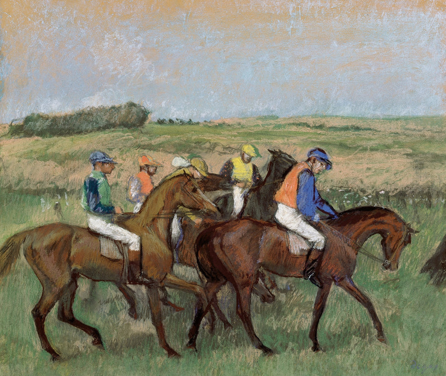 Edgar Degas — Races (Five Jockeys) | Fine Art Print shown to scale on a wall above a sofa