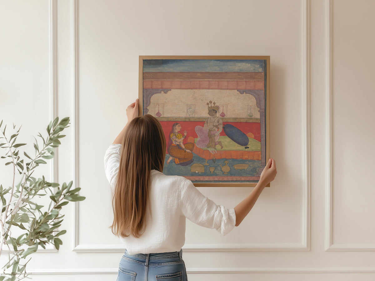 Framed art print of Radha Speaks to Krishna by Amber school, hung on a panelled wall
