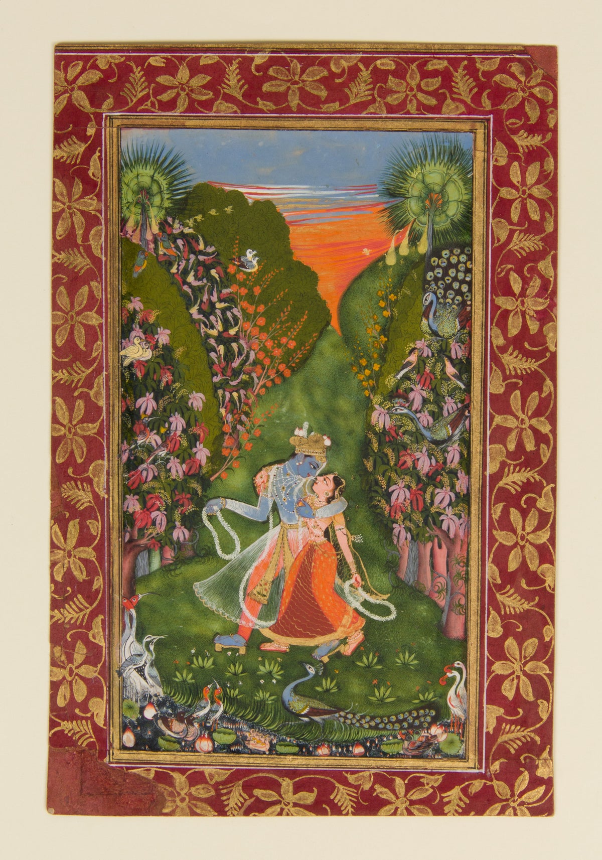 Kota school — Radha and Krishna Walk in a Flowering Grove | Indian Miniature Painting Print