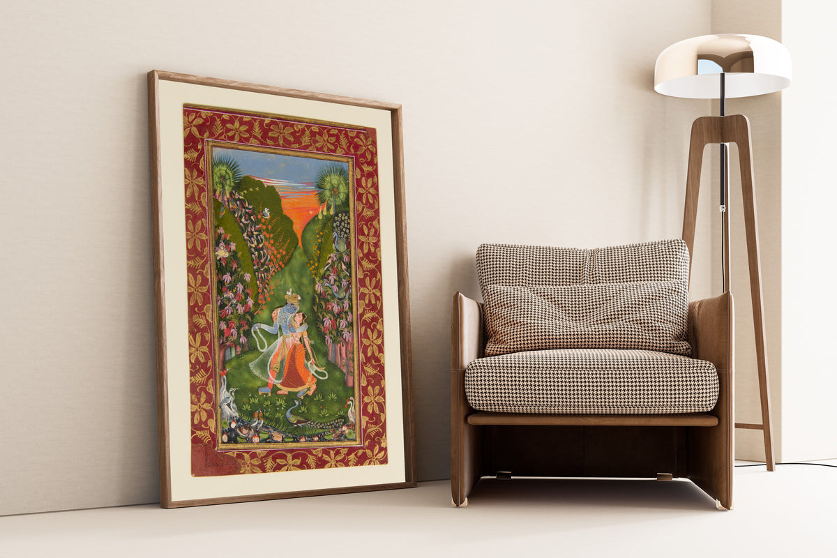 Kota school — Radha and Krishna Walk in a Flowering Grove | Indian Miniature Painting Print