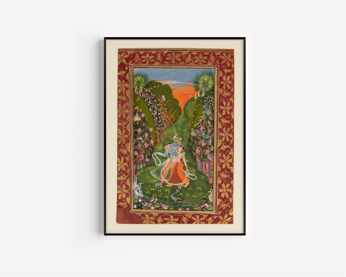 Kota school — Radha and Krishna Walk in a Flowering Grove | Indian Miniature Painting Print
