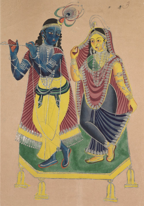 Radha and Krishna by Kalighat painter — Krishna plays a flute beside a veiled Radha on a low green platform