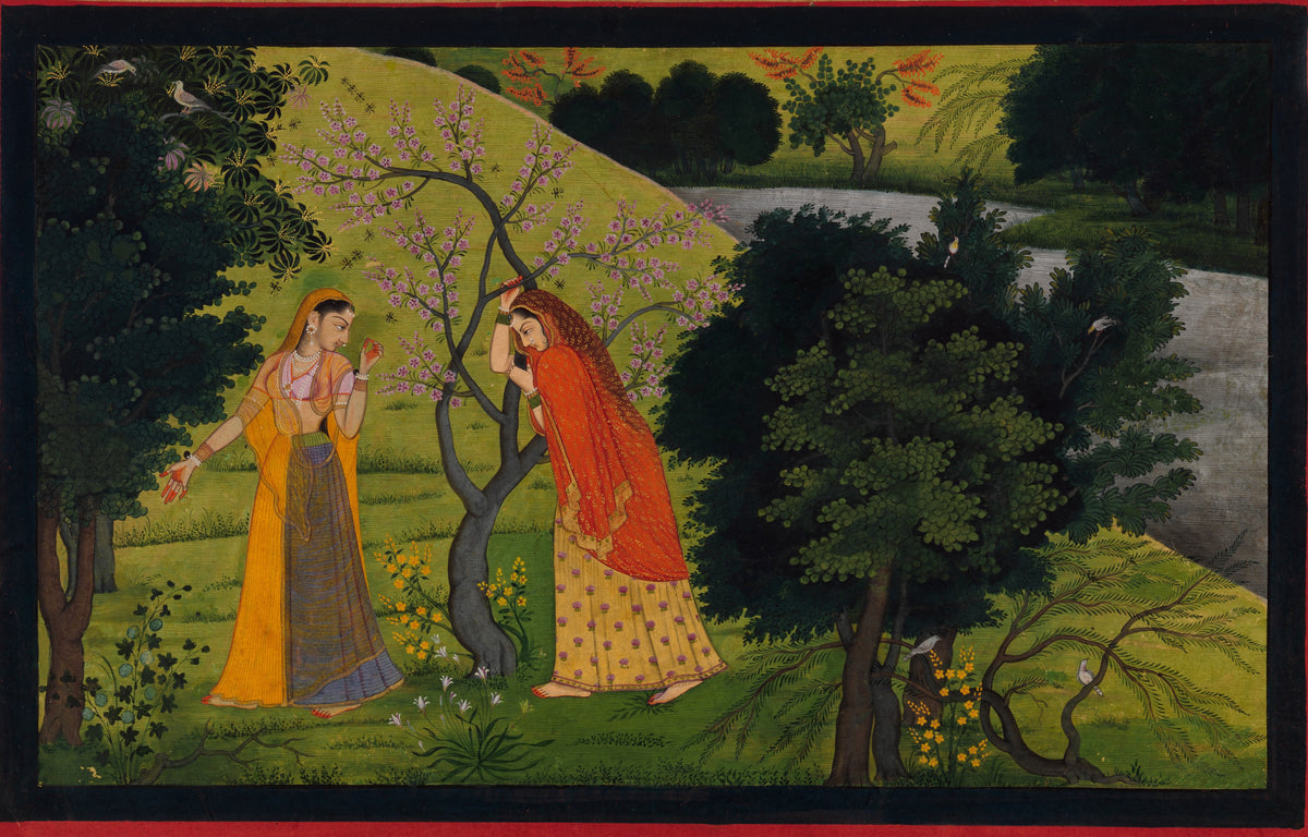Radha with Her Confidant, Pining for Krishna by Garhwal school — Two women beneath a blossoming tree, one leaning on the trunk