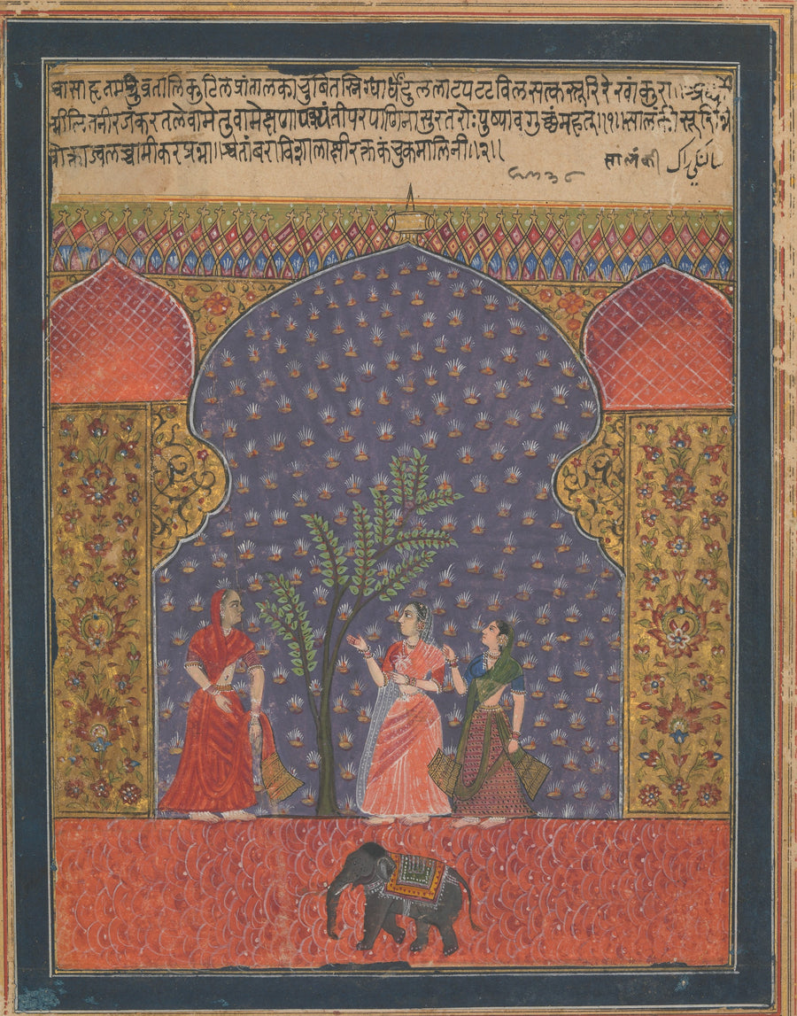 Ragamala: Solanki Raga | Deccani Painting Art Print shown to scale on a wall above a sofa