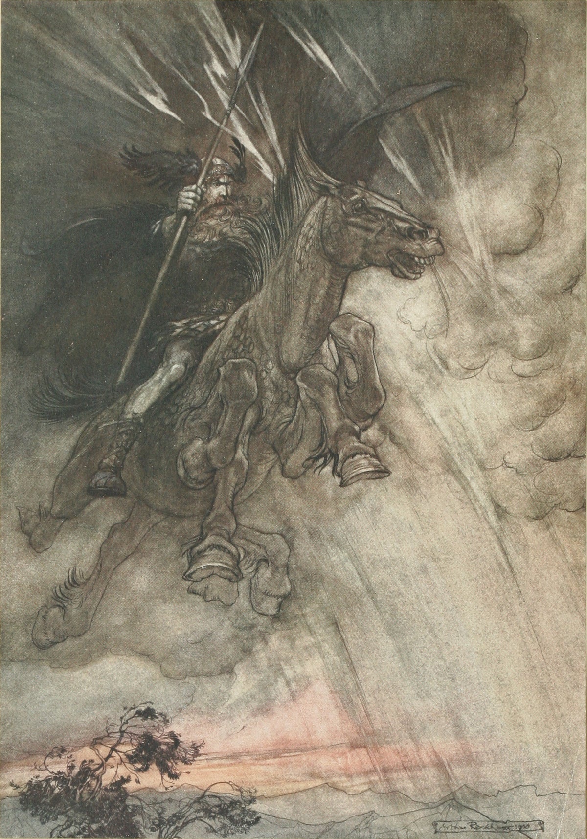 Arthur Rackham — Raging, Wotan Rides to the Rock | Wagner Illustration Print