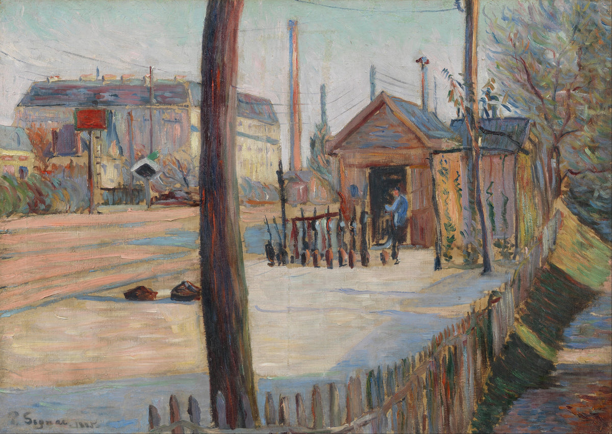 Railway Junction near Bois-Colombes by Paul Signac — A timber hut in a pink railway yard cut by long blue shadows