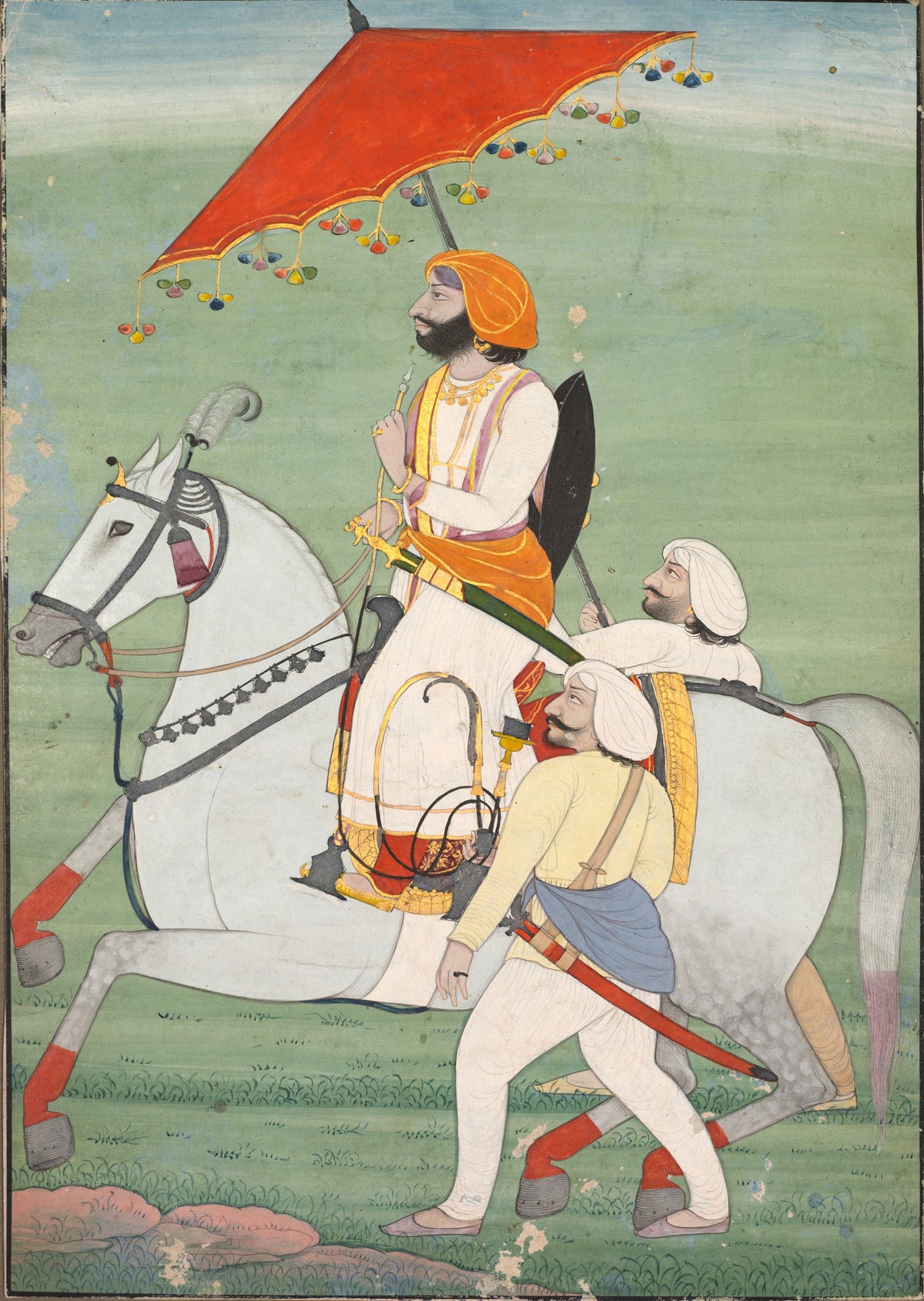Raja Gulab Singh (1792–1857) of Jammu and Kashmir by Pahari school — A raja on a grey horse rides beneath a red parasol