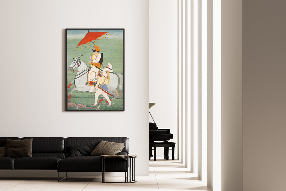 Framed art print of Raja Gulab Singh (1792–1857) of Jammu and Kashmir by Pahari school, on the wall of a minimal living room