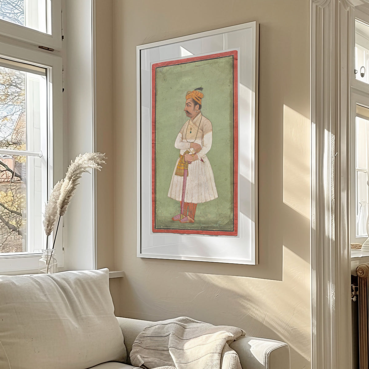 Framed art print of Raja Hari Sen of Mandi by Pahari school, in a sunlit living room above a sofa