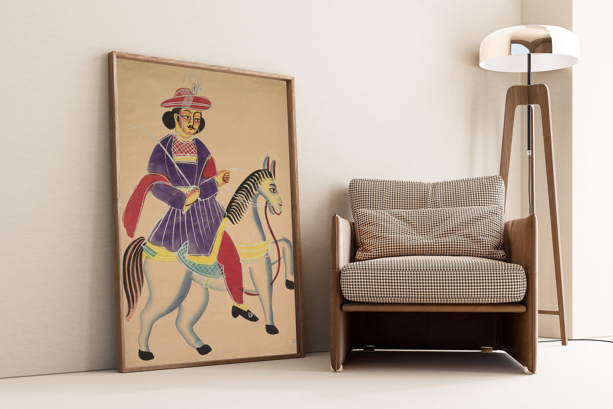 Kalighat painter — Raja Riding a Horse | Kalighat Painting Print