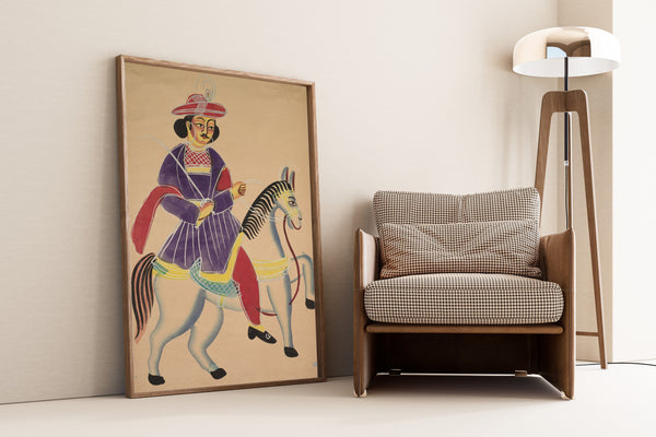 Kalighat painter — Raja Riding a Horse | Kalighat Painting Print