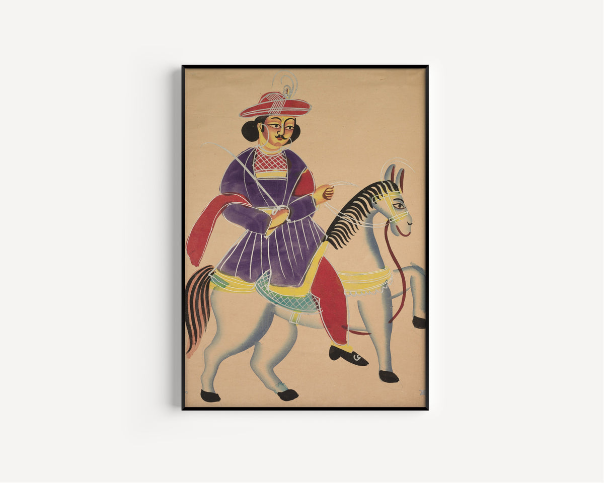 Kalighat painter — Raja Riding a Horse | Kalighat Painting Print
