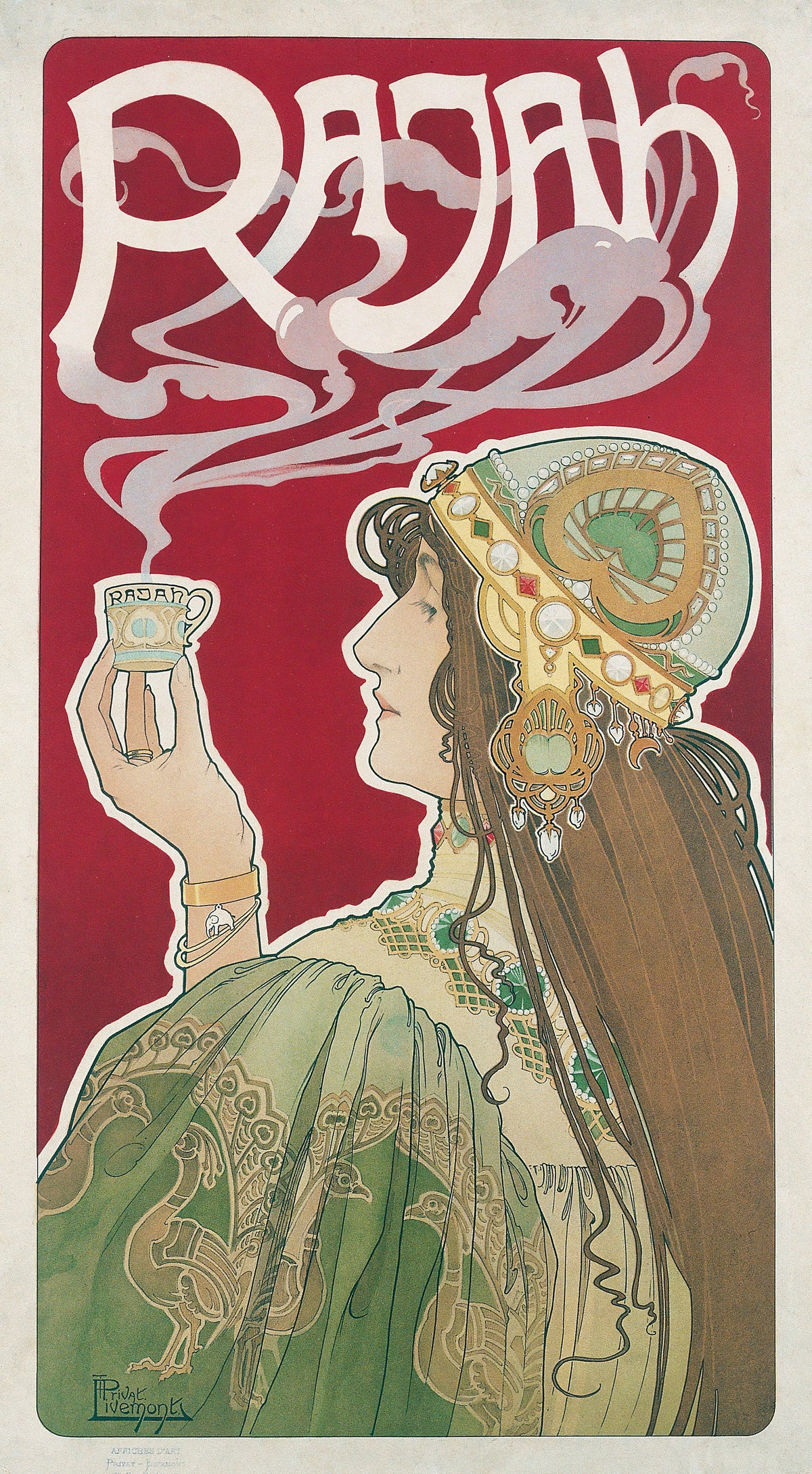 Rajah by Henri Privat-Livemont — A jewelled woman lifts a steaming cup under giant white capitals
