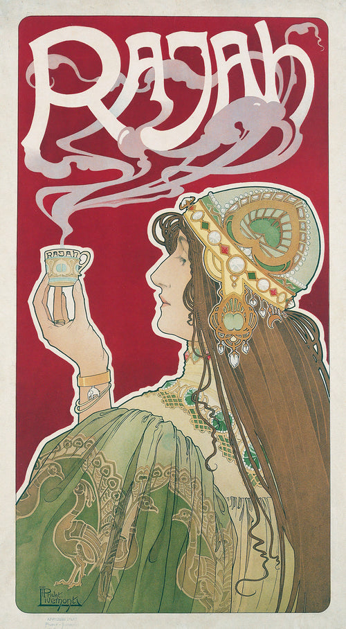 Rajah by Henri Privat-Livemont — A jewelled woman lifts a steaming cup under giant white capitals