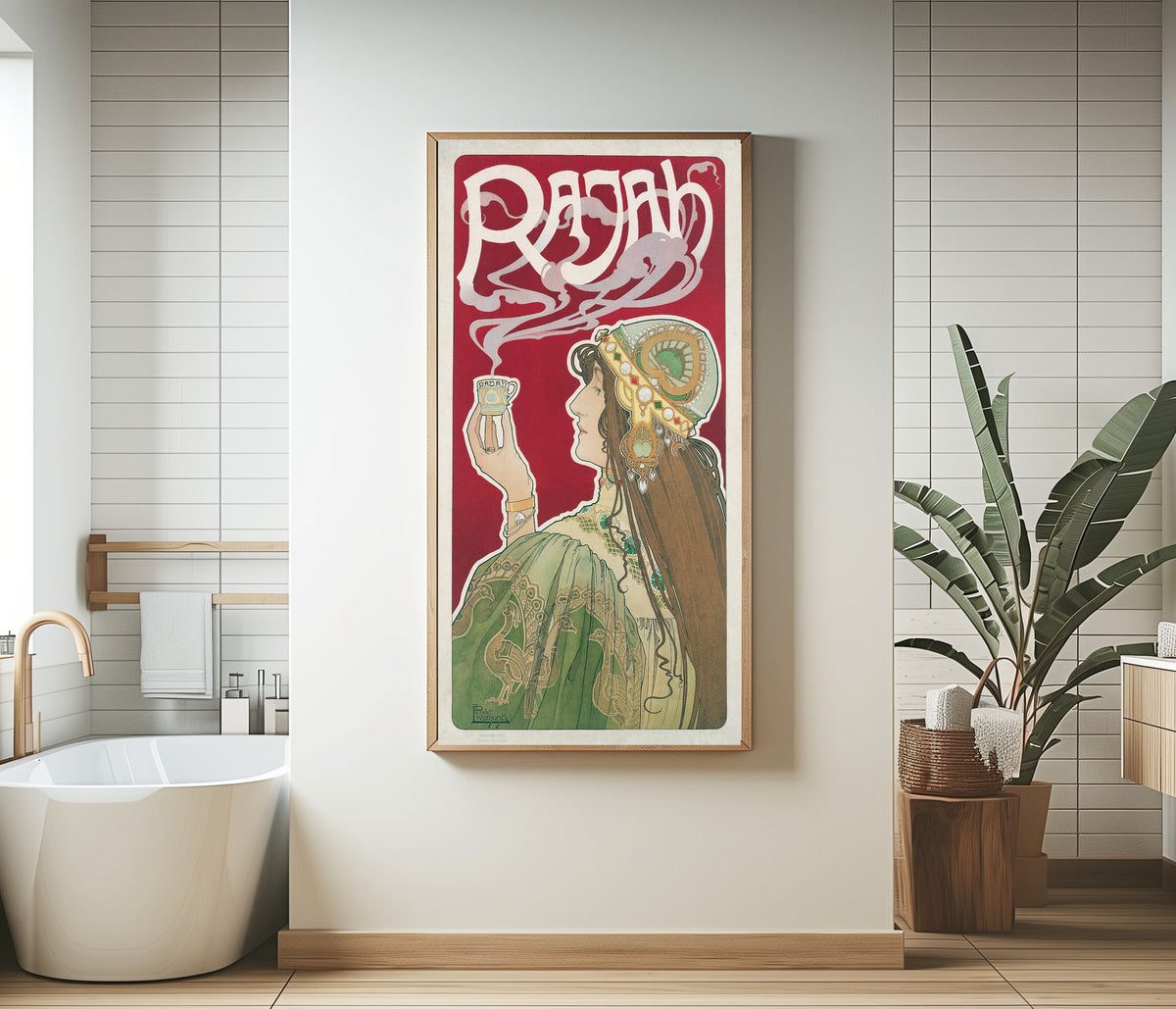 Framed art print of Rajah by Henri Privat-Livemont, in a bathroom beside a freestanding tub