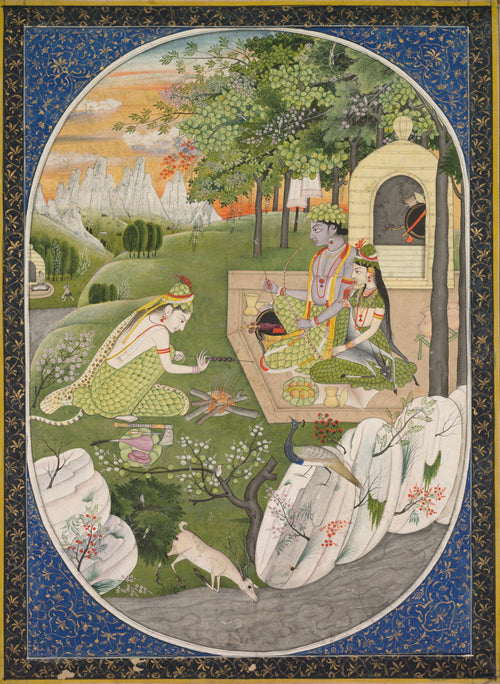 Kangra school — Rama, Sita, and Lakshmana in the Forest | Indian Miniature Painting Print